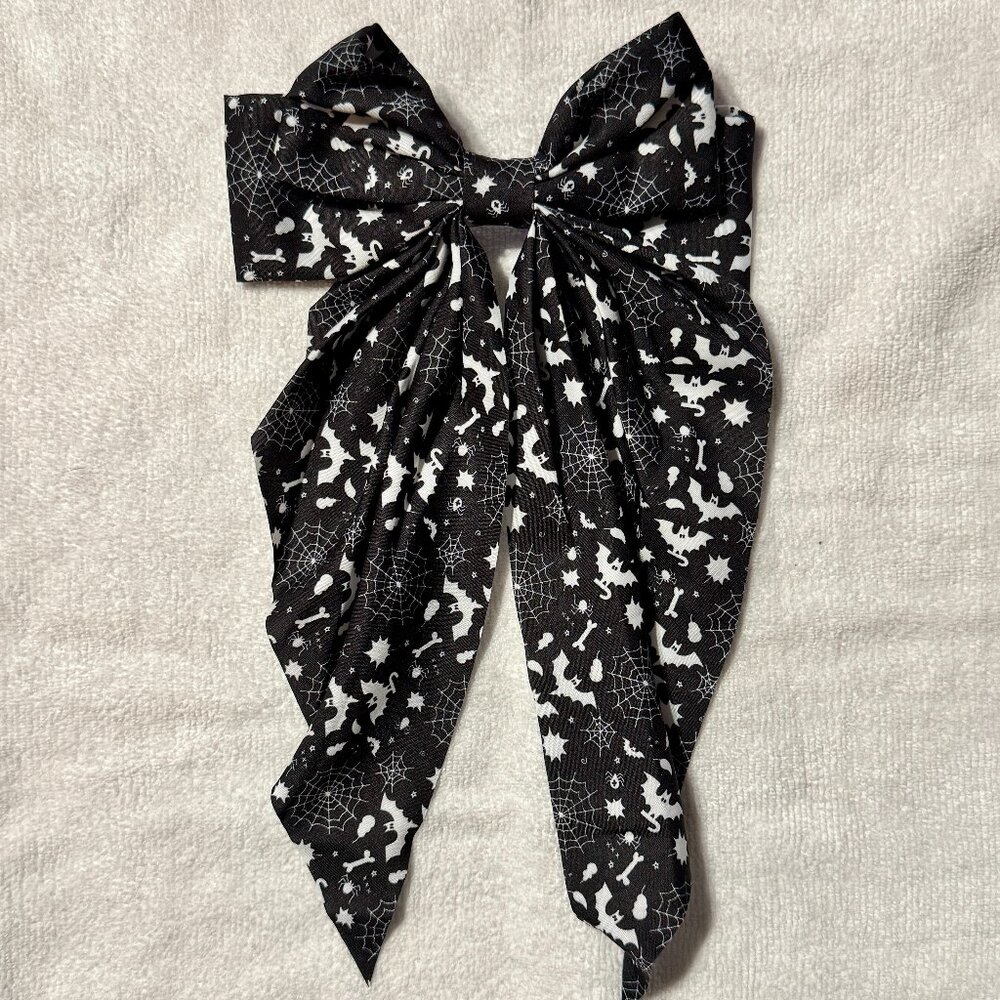 Gothic Black Bow with White Bats Spider Webs and Bones Fabric Hair Bow